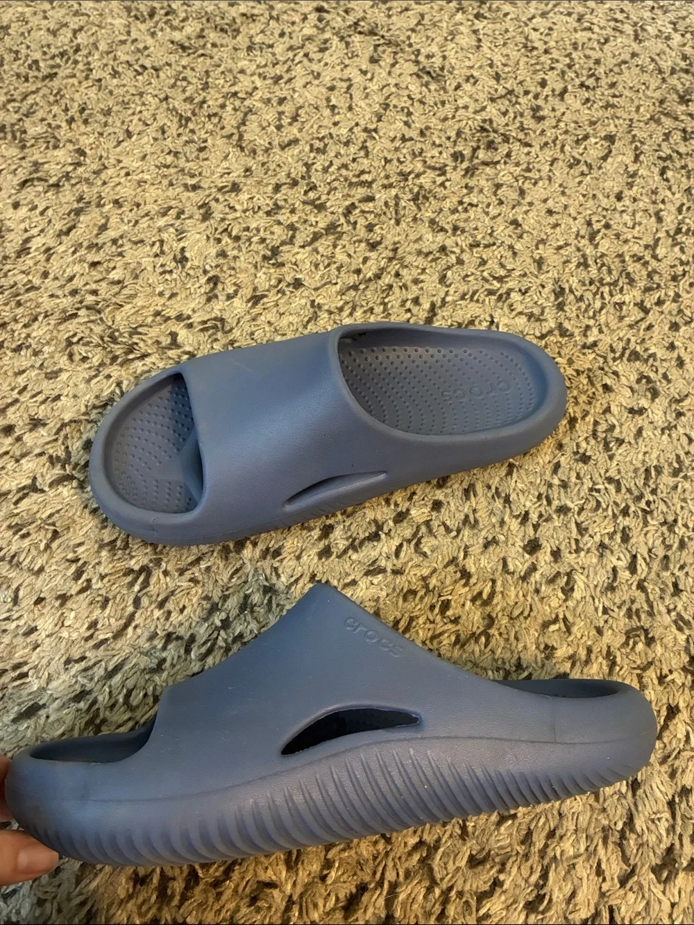 CROCS Men’s blue slides. Some scuffs on edges when look closely.